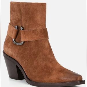 Antonio Melani 5.5 Tabbie Oiled Suede Mid Heeled Western Buckle Boots Pecan Pie